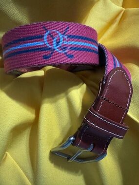 Peter Millar Red & Blue Striped Canvas Belt with Brown Leather